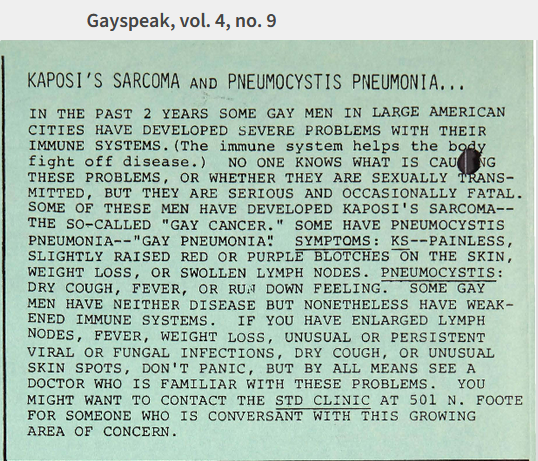Kaposi's Sarcoma and Pneumocystitis Pneumonia - September 1982 Issue of Gayspeak.png410